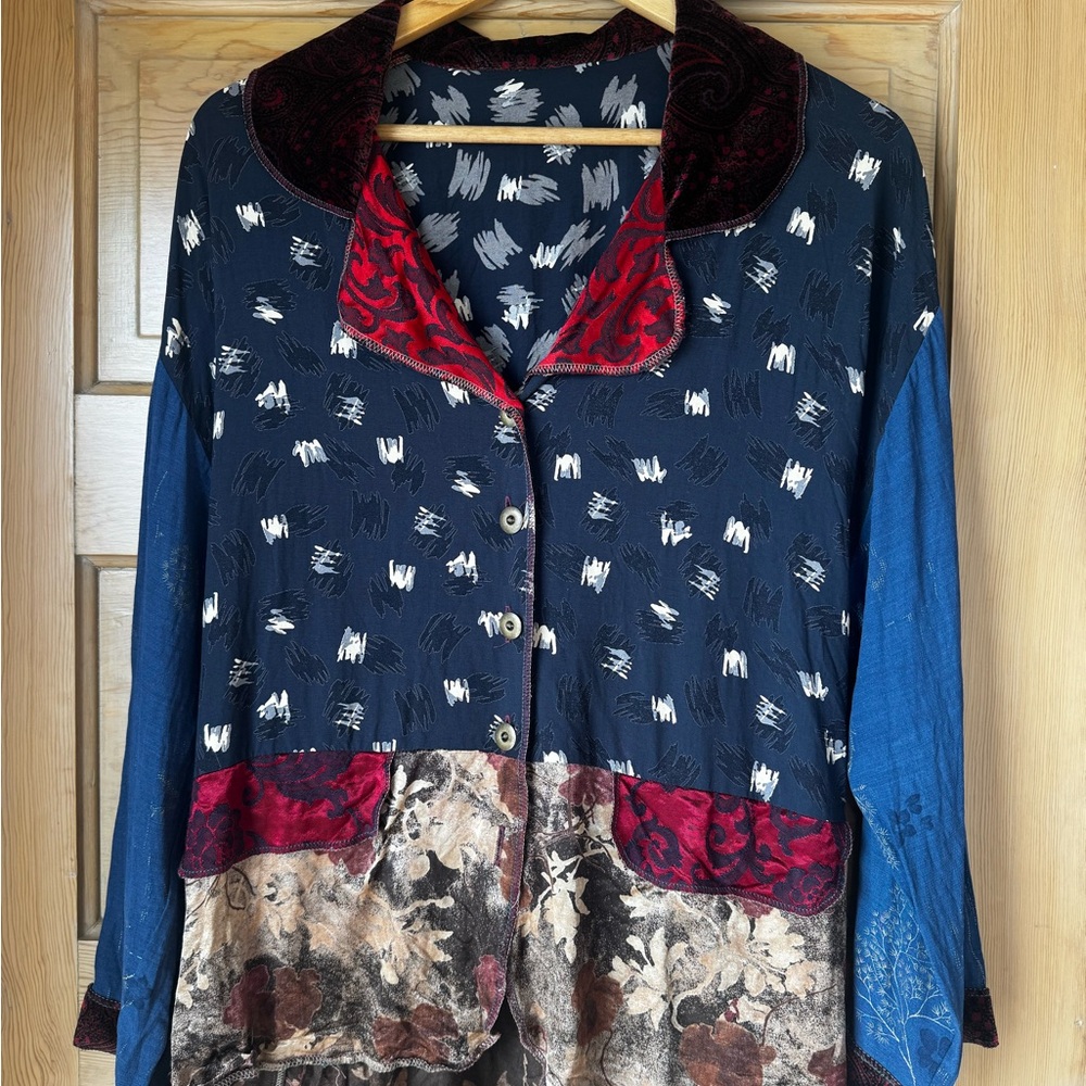 Vintage Velvet Trim Blue, Gold and Red Button-Down Shirt